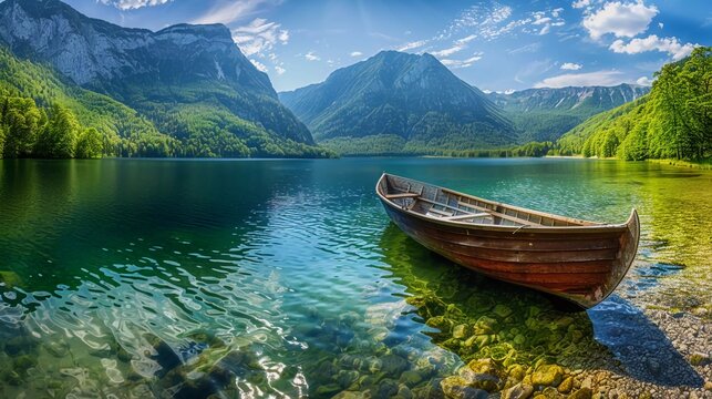 Colorful summer panorama of the Bohinj Lake. Picturesque moning scene in the Triglav National Park, Julian Alps, Slovenia. Popular tourist leisure on the boat which is very beautiful