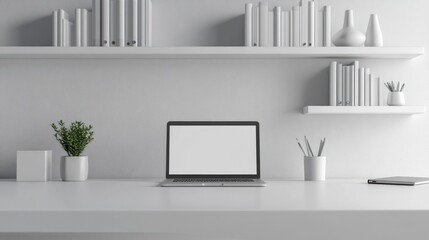 Modern office with sleek white shelves and empty desk featuring a laptop, evoking a sense of accomplishment and success