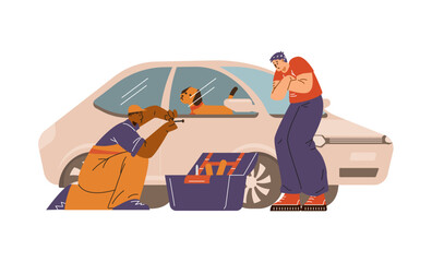 Locksmith opens the lock on the car door to free the dog.