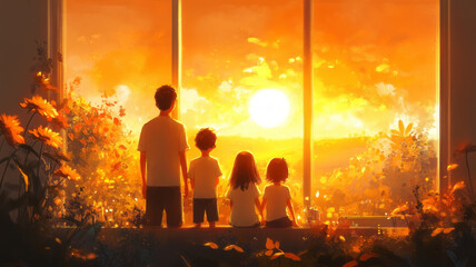 lovely detailed render, a family is watching a beautiful sunrise, warm colours, childrens book illustration.generative ai