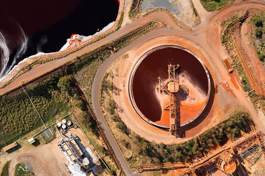 Aerial views over large industrial tailing ponds