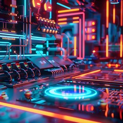 A vibrant, neon-lit cityscape at night depicting futuristic architecture and busy streets.