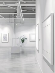 Fototapeta premium Modern gallery with empty white mockup frames and minimalist decor accents..
