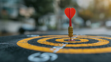 arafed red dart in center of a yellow target on a black surface