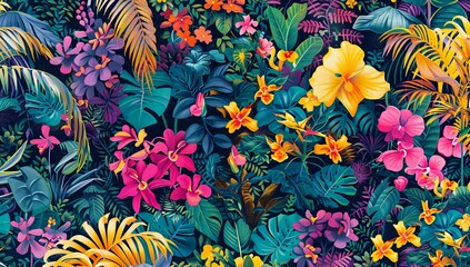 Tropical Flowers and Lush Green Leaves Form a Vibrant Jungle Scene