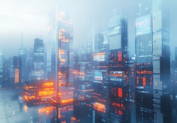 A sleek and minimal futuristic cityscape, with digital displays embedded in skyscrapers and transparent data overlays enhancing the high-tech ambiance