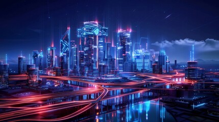 Fototapeta premium A futuristic cityscape featuring biometric elements and digital grids