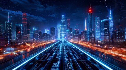 Fototapeta premium A futuristic cityscape featuring biometric elements and digital grids
