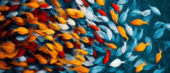 A lively underwater spectacle of tropical fish, densely packed and swirling in a colorful, mesmerizing pattern