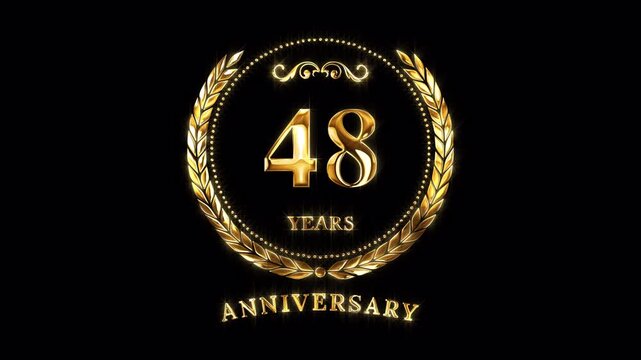 48th Anniversary Celebration. Happy 48 Years Anniversary Animation in Gold Color on the Transparent Background, Alpha Channel. Great for greetings, celebrations, events, and gifts.
