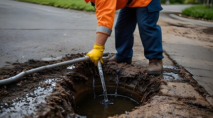 Obraz premium sewer cleaning service worker clean a clogged drainage with hydro jetting.generative.ai 