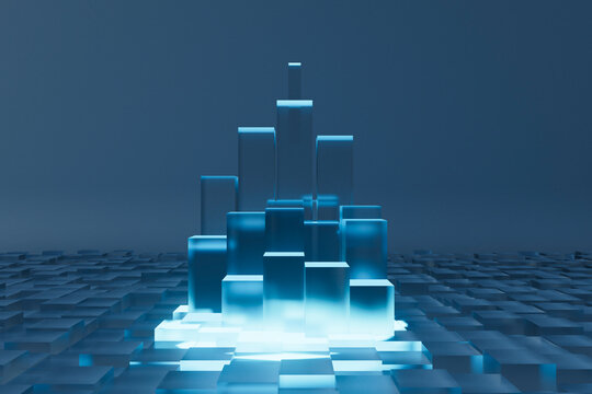 Illuminated Financial Chart with Blue Glass Blocks