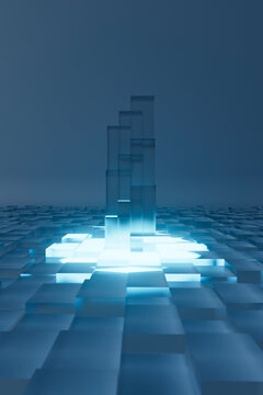 Futuristic Blue Glass Tower on Grid Surface