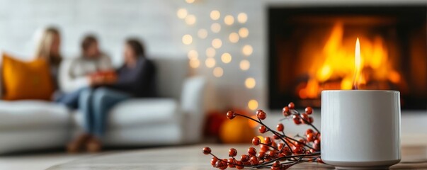 Cozy family time by the fireplace with candle and festive decor
