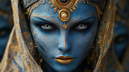 blue-skinned alien goddesses with gold makeup, surrounded by divinatory objects and talismans, in an ancient temple.generative ai