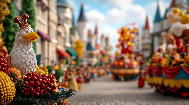 a Thanksgiving parade in a fairy-tale kingdom with fantastical floats and characters