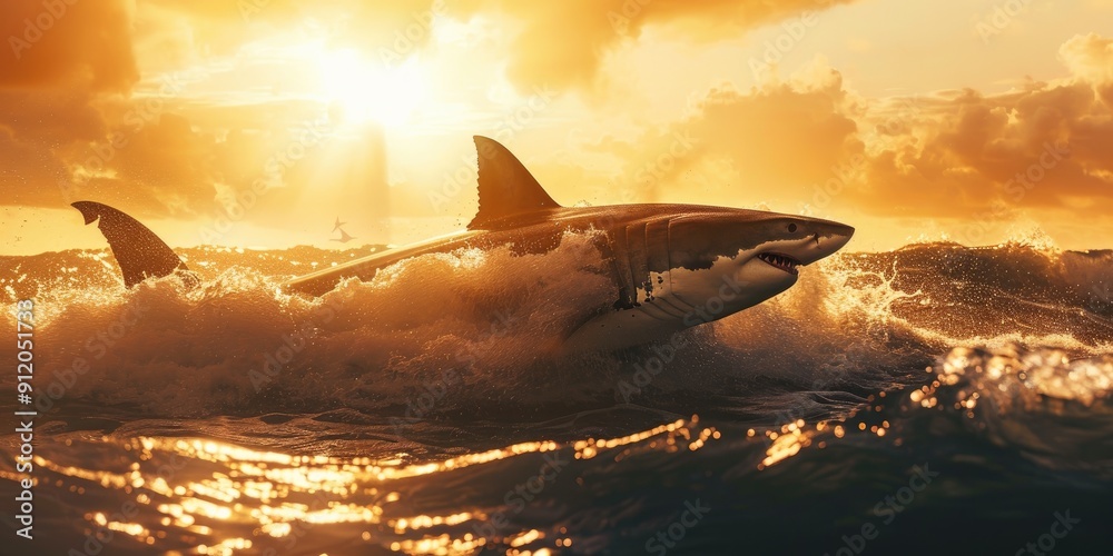 Poster Majestic Great White Shark in proximity to the coastline