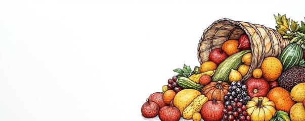 Cornucopia Overflowing with Fresh Harvest Fruits and Vegetables
