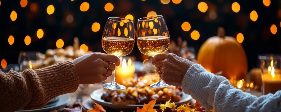 Two people toasting with wine glasses at a festive dinner table with autumn decorations and bokeh lights
