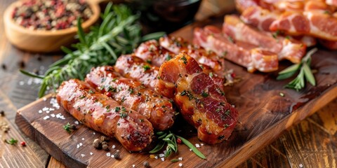 Brazilian style bacon sausages on a wooden board with fresh bacon cubes and seasoning Bacon Linguica
