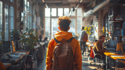 Obraz premium a young man walking into an office in his first day at work; everybody is greeting him, welcoming him.generative ai