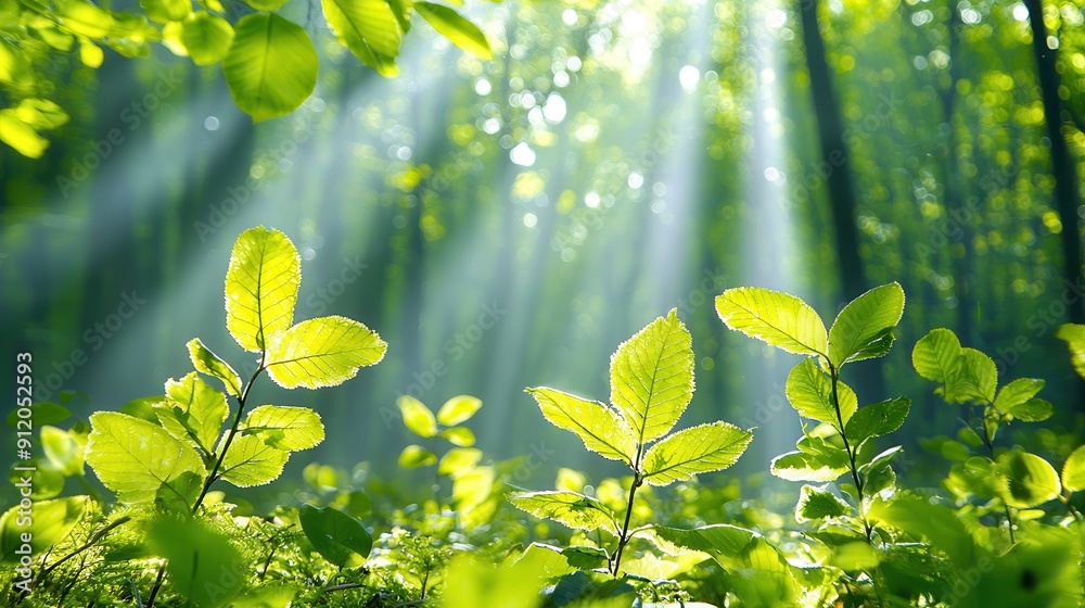 Poster Sunlight Through Green Leaves in Forest.