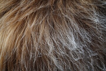 Fototapeta premium Close-up of woolly mammoth fur, showing thick, insulating layers and individual hair strands covered in frost, adapted to harsh, freezing environment. High-resolution, detailed textures, crisp focus