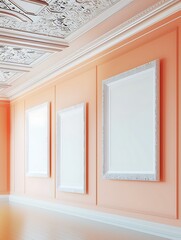 Fototapeta premium Art gallery featuring white frames on light coral walls with sleek ceiling accents..