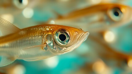 Fototapeta premium A detailed close-up of a bustling fry school in a lagoon, their delicate features and vibrant eyes visible, capturing the wonder of new life
