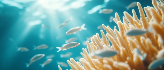 A shoal of tropical fish swimming tightly together, creating a mesmerizing living barrier around a vibrant coral formation, underwater scene