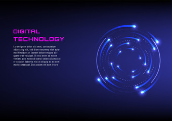 Abstract digital technology background blue light lines right that moves in a circle, at the end there is a light shining in the middle, there is an element on the left, there is space to place text.
