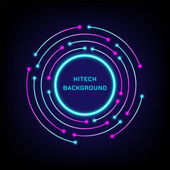 Abstract background technology circle electronic circuit with blue and pink gradient and neon light circle in center.