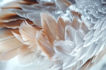 Detailed view of ice age bird feathers, showing layered plumage that provides insulation and camouflage in a snowy environment. High-resolution, detailed textures, crisp focus