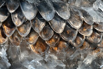 Close-up of prehistoric fish scales, covered in a thin layer of ice, showing adaptations for surviving in icy waters. High-resolution, detailed textures, crisp focus