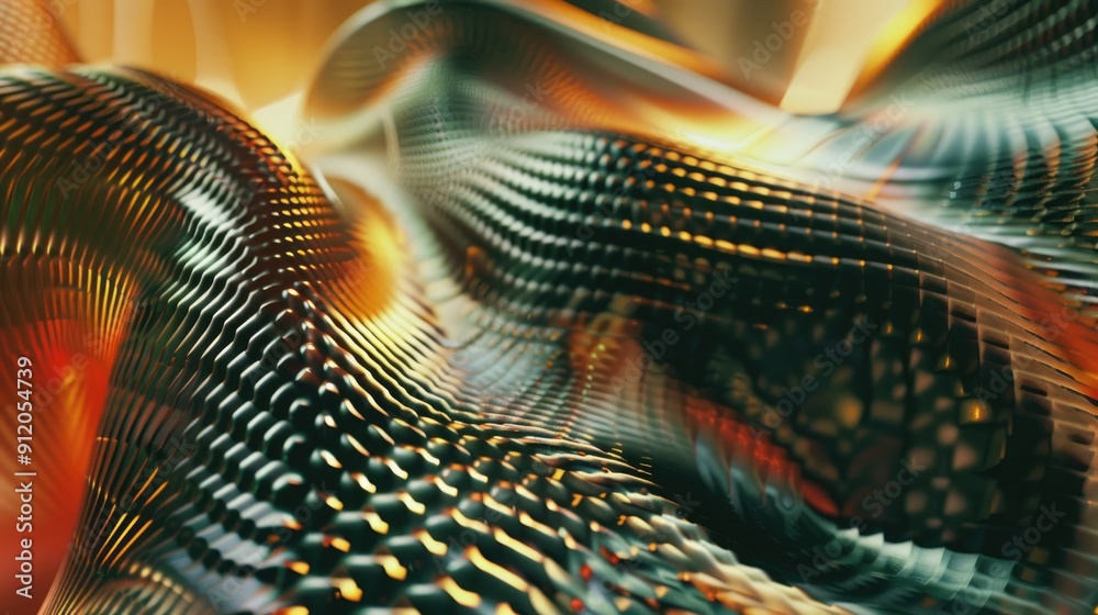 Poster vibrant waves of intricate patterns intertwine, illuminated by warm, soft light, creating a mesmeriz