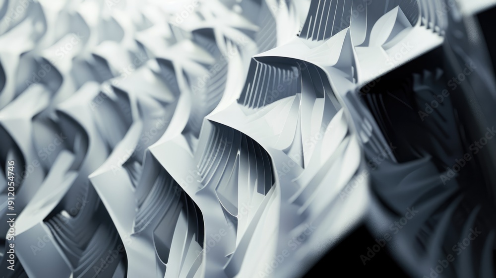 Poster an exploration of textured paper patterns, showcasing dynamic curves and depths, illuminated by soft