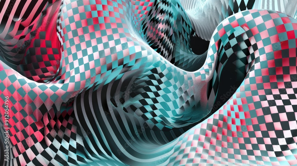 Poster vibrant waves of red and blue flow, creating a mesmerizing checkerboard effect in a captivating abst