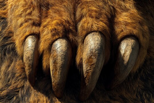 Detailed view of megatherium fur and claws, emphasizing size and strength of this giant ground sloth from ice age. High-resolution, detailed textures, crisp focus