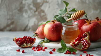 there are pomegranates and honey in a jar on a table