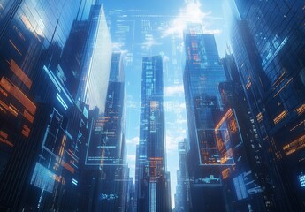 A high tech urban environment with streamlined skyscrapers, transparent data overlays, and digital displays creating a futuristic and clean design