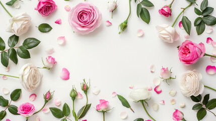 flowers and leaves arranged on a white surface with a white background