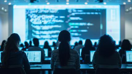silhouettes of people discussing a code on the monitor, white background, focus on the monitor.generative ai