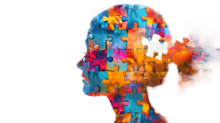 Human head with colorful puzzle pieces , hallucinations ,  mental health,  brain balance, harmony