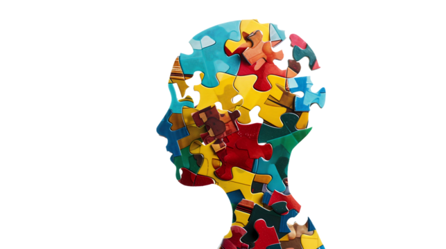 Human head with colorful puzzle pieces , hallucinations ,  mental health,  brain balance, harmony