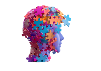 Human head with colorful puzzle pieces , hallucinations ,  mental health,  brain balance, harmony