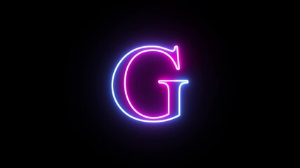 Glowing neon capital letter alphabet G animation. Purple and blue neon font letter "G" on black background. Educational concept
