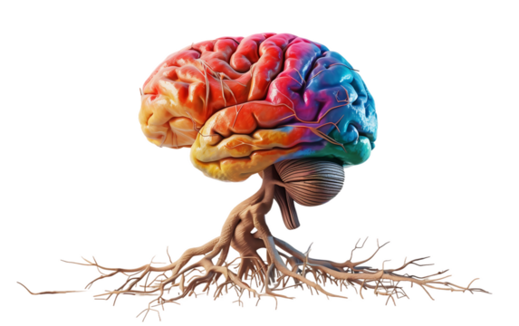 3d render of colorful brain with tree roots, creativity, idea , thinking , creative mind