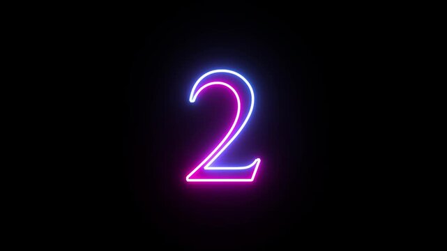 Glowing neon numeric number 2 animation. Purple and blue neon font alphanumeric "2" on black background. Educational concept