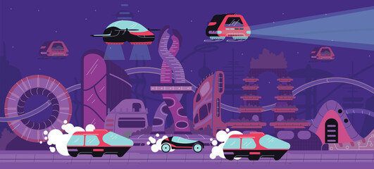 Night cityscape of the future with flying cars in vector.