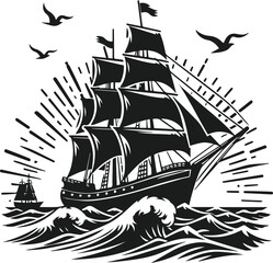Pirate Ship Sailboats In Ocean Storm Waves With A Flag Vector Illustration On Isolated White Background